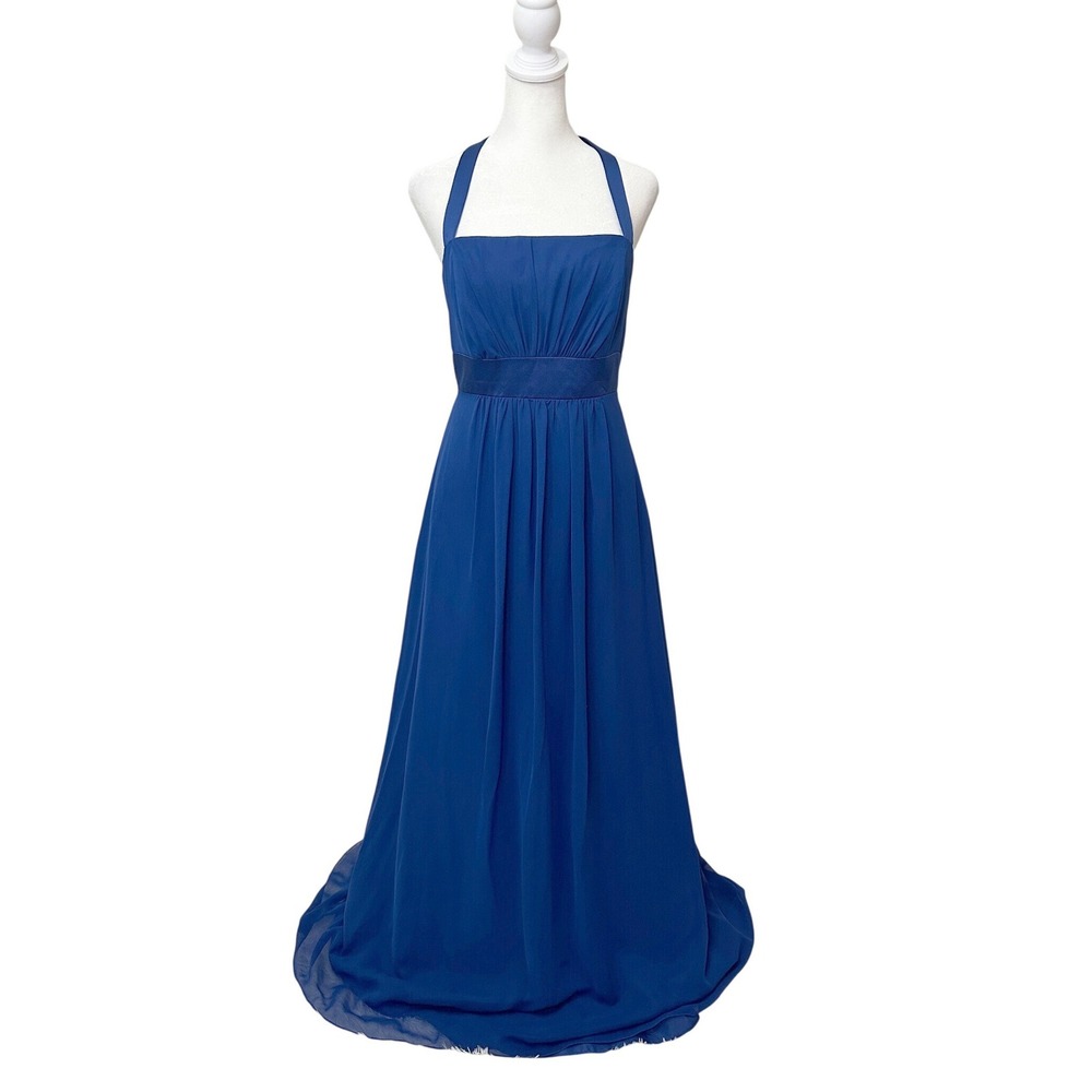 Alfred Angelo Size 14 Mediterranean Blue Chiffon Halter Formal Maxi Gown